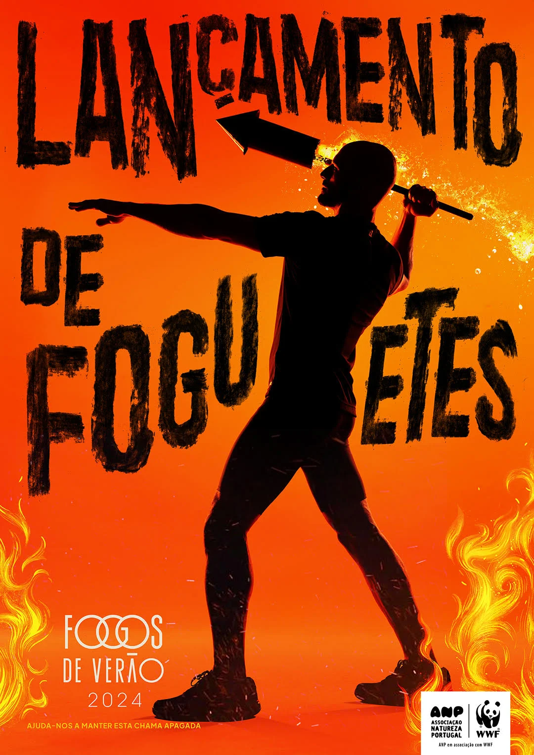 Silhouette of a person holding a rocket against a fiery orange background with text promoting the 2024 summer fire prevention campaign by ANP and WWF Portugal.