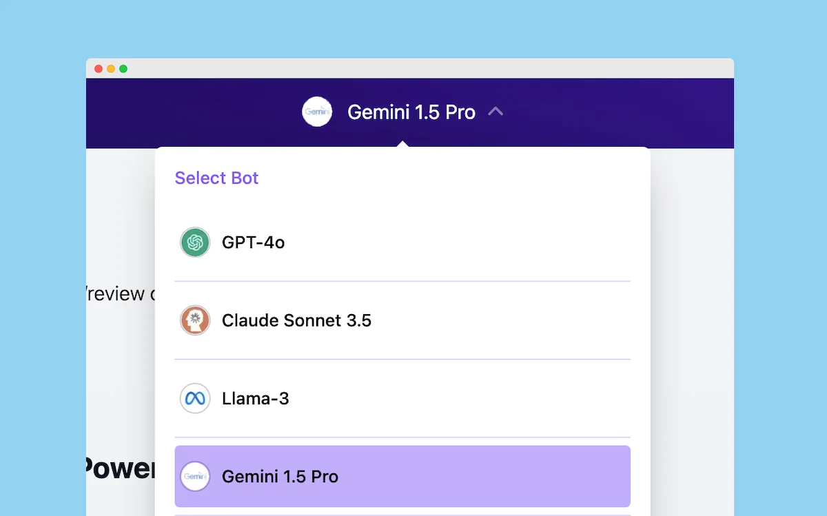 Bot selection menu featuring GPT-4o, Claude Sonnet 3.5, Llama-3, and Gemini 1.5 Pro options.