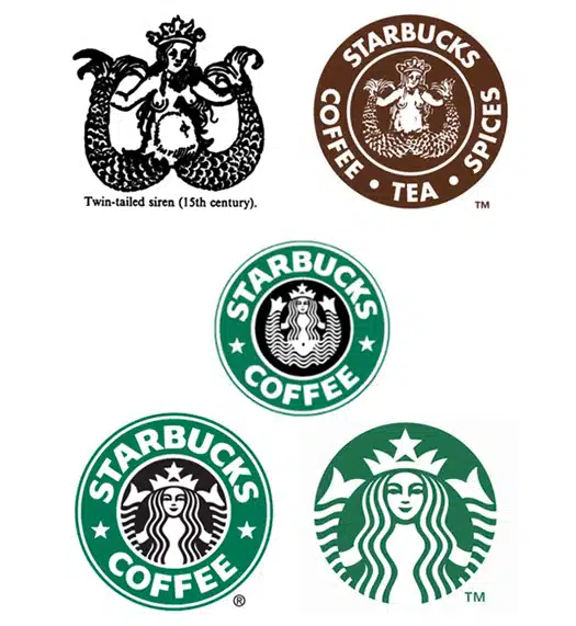 A História Completa do Logo Starbucks. Evolution of Starbucks logo from 15th-century twin-tailed siren to modern green mermaid design.