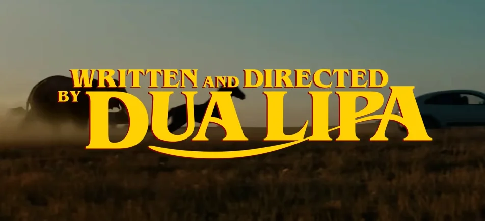 Text graphic showcasing "Written and Directed by Dua Lipa" against a scenic background, highlighting her work in film and music.