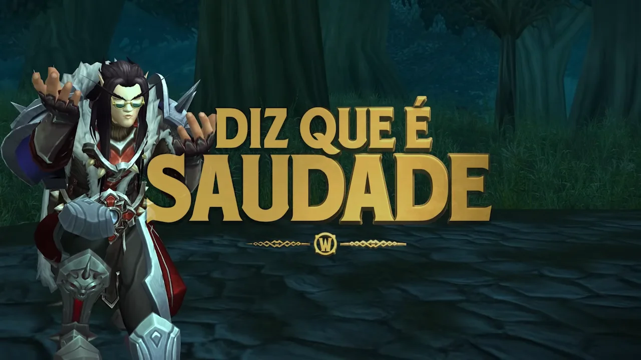 A character in a fantasy setting with long dark hair and sunglasses, gesturing expressively against a mystical forest background, accompanied by the text "Diz que é saudade," conveying a sense of nostalgia and adventure in gaming.