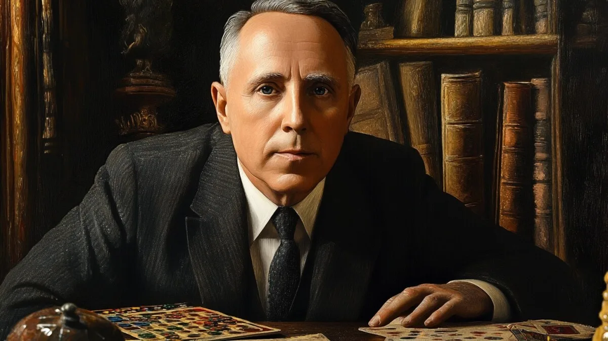 Portrait of a man in a formal suit sitting at a desk with colorful game cards, surrounded by shelves of books, exuding a scholarly atmosphere.