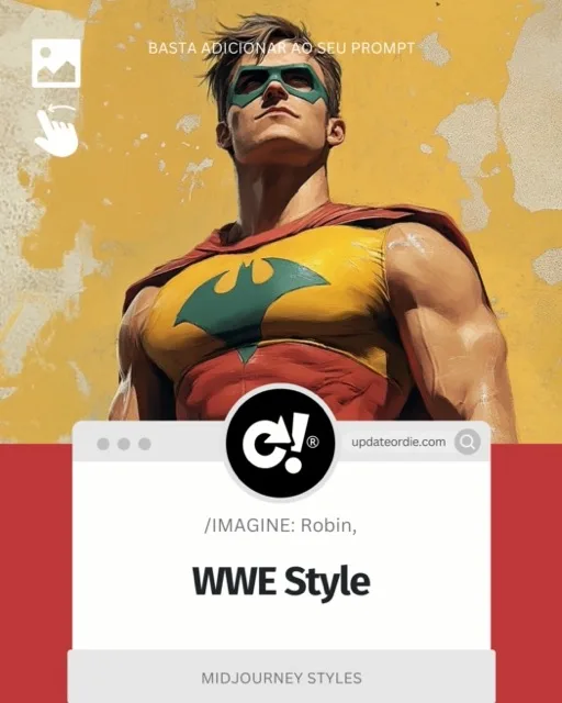 Illustration of a muscular superhero resembling Robin in a WWE style, featuring a vibrant costume with a yellow and green emblem, against a textured yellow background. The image includes a user interface element suggesting the generation of creative prompts.