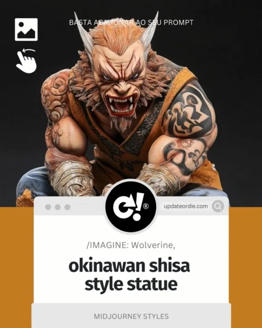 Okinawan Shisa style statue depicting a fierce, stylized version of Wolverine, showcasing intricate details and vibrant colors, set against a dark background. Ideal for collectors and fans of unique art forms.