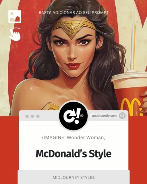 Digital illustration of a character inspired by Wonder Woman, styled with McDonald's branding. The character has long dark hair and a gold tiara, holding a McDonald's drink, set against a red background featuring the iconic golden arches. The image is part of a creative prompt for MidJourney styles.