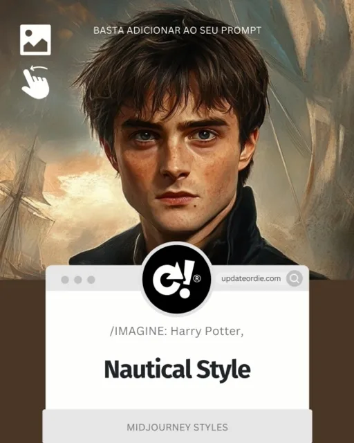 Portrait of a young man styled in a nautical theme, resembling a character inspired by fantasy literature, with a backdrop of sailing ships and a dramatic sky. The design highlights intricate details and a rich color palette, showcasing artistic interpretation.