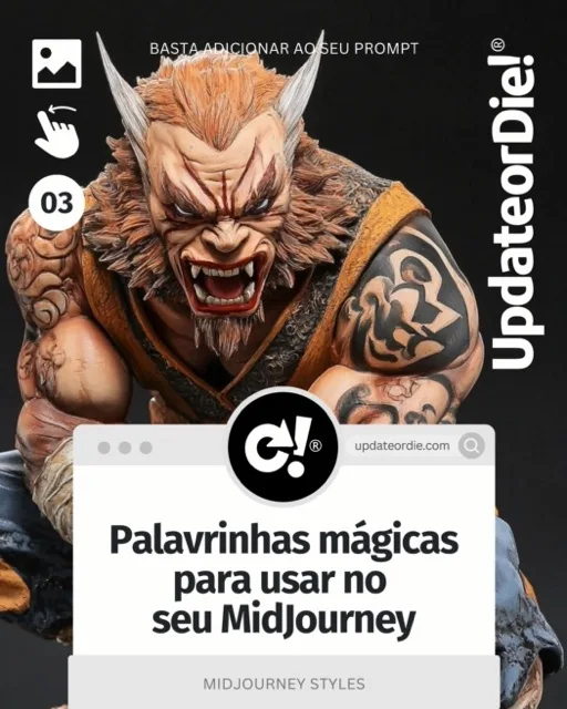 Detailed depiction of a fierce, muscular character with wild hair and a fierce expression, showcasing intricate tattoos and a dramatic pose, featured in an advertisement for MidJourney prompt tips on the website UpdateorDie.