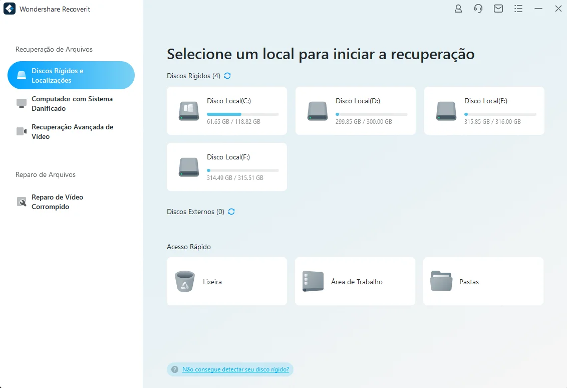 Wondershare Recoverit software interface displaying options for file recovery, including local hard drives (C:, D:, E:, F:) and quick access to recycle bin and folders, with a prompt for detecting hard drives.