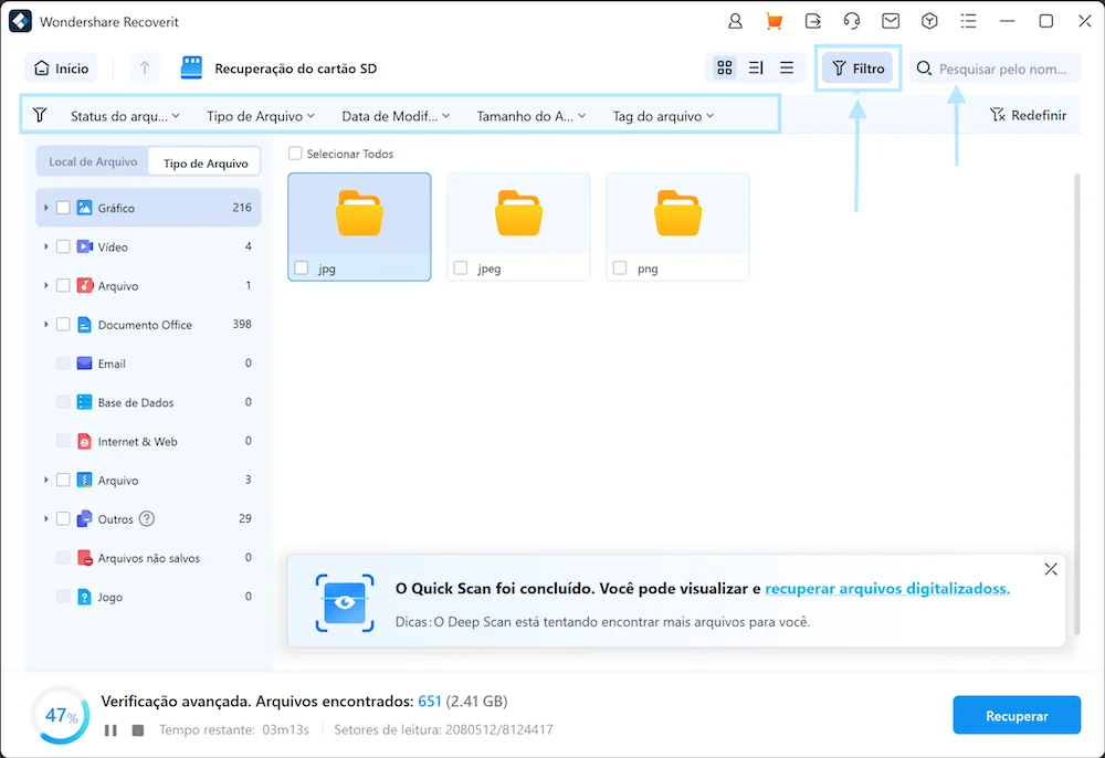 Wondershare Recoverit software interface displaying SD card recovery options, including file type filters for JPG, JPEG, and PNG images. The screen shows the progress of an advanced scan with 651 files found and options to recover digital files.