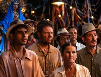 Pessoas assistindo celebração religiosa com estátua ao fundo.