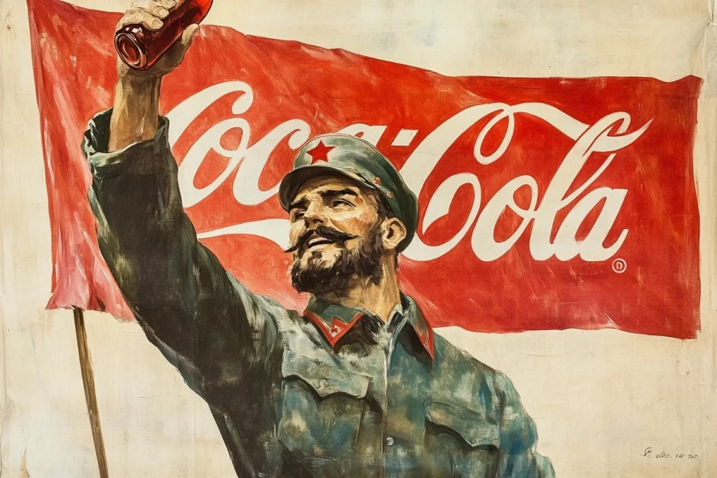 Homem com bandeira da Coca-Cola ao fundo.