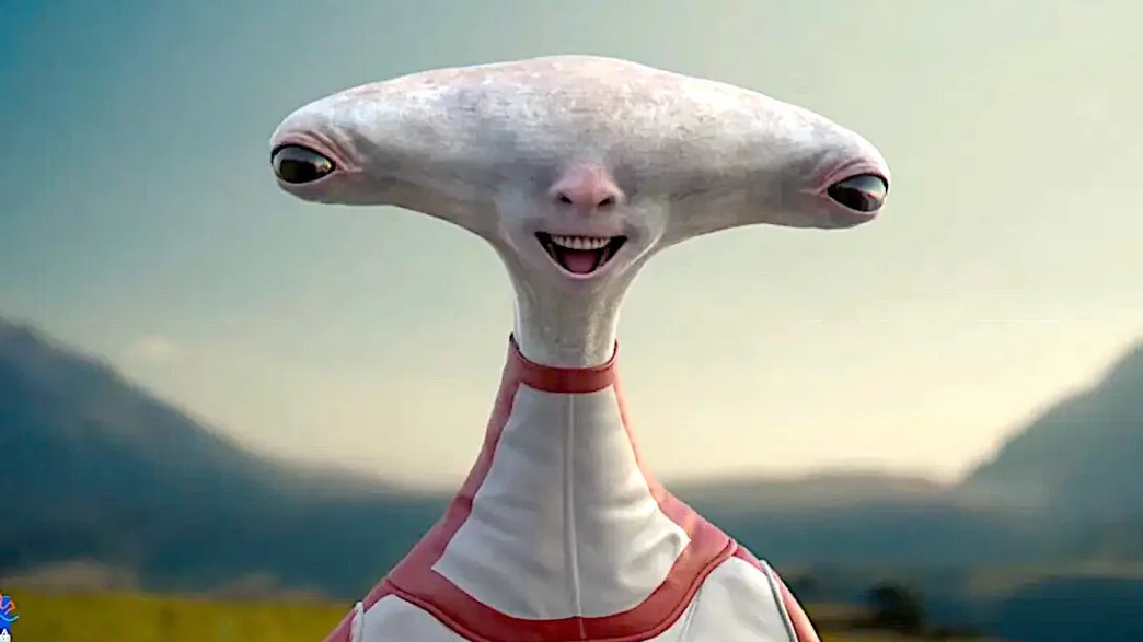 Personagem alienígena sorrindo em ambiente externo