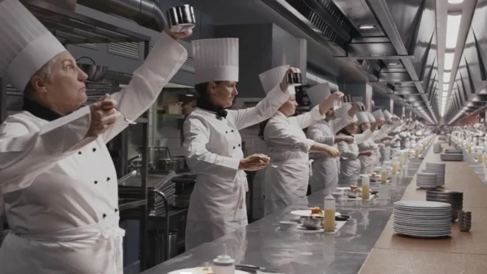 Cozinheiros trabalhando em equipe em cozinha industrial.