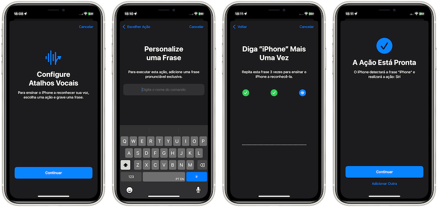 Configuração de atalhos vocais no iPhone.