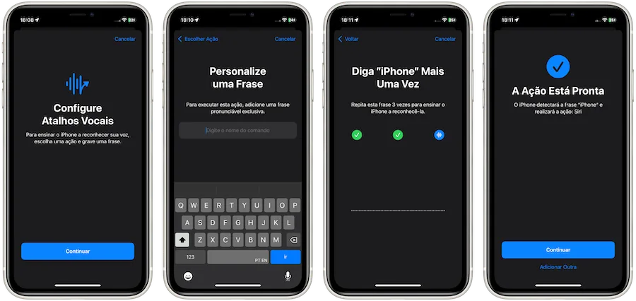 Configuração de atalhos vocais no iPhone.