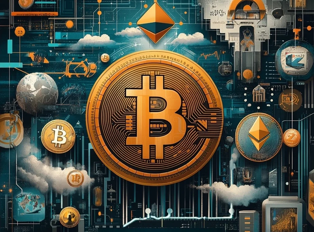 Arte digital com moedas de criptomoedas.