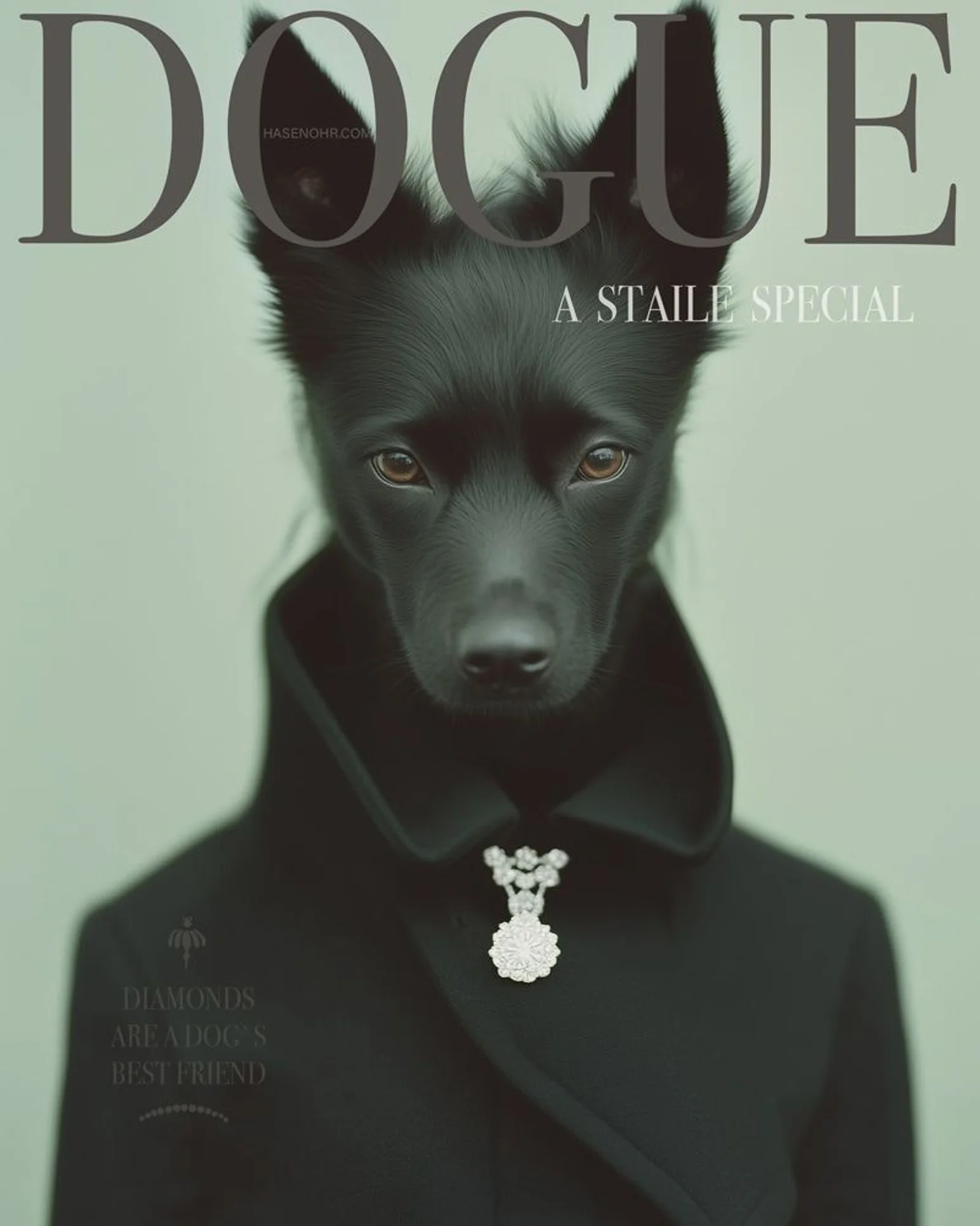 Cachorro estiloso em capa de revista Dogue.