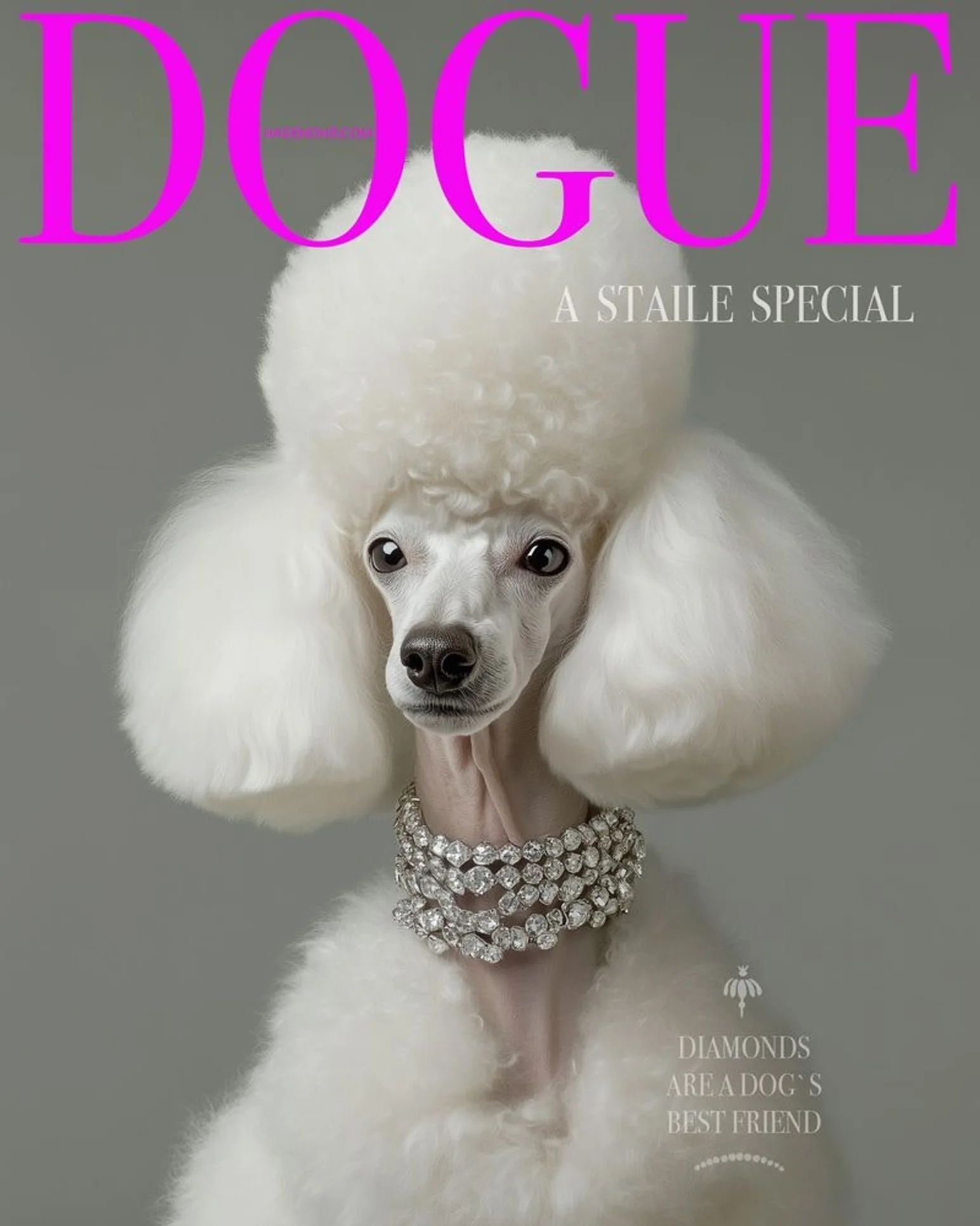 Capa falsa de revista com poodle elegante.