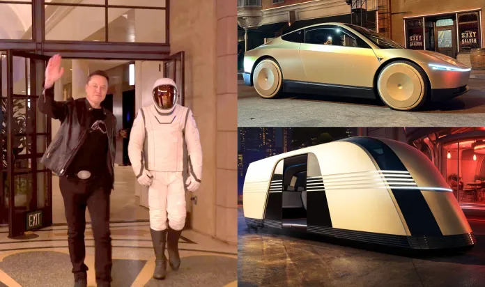 Homem e astronauta, carros futuristas ao fundo.