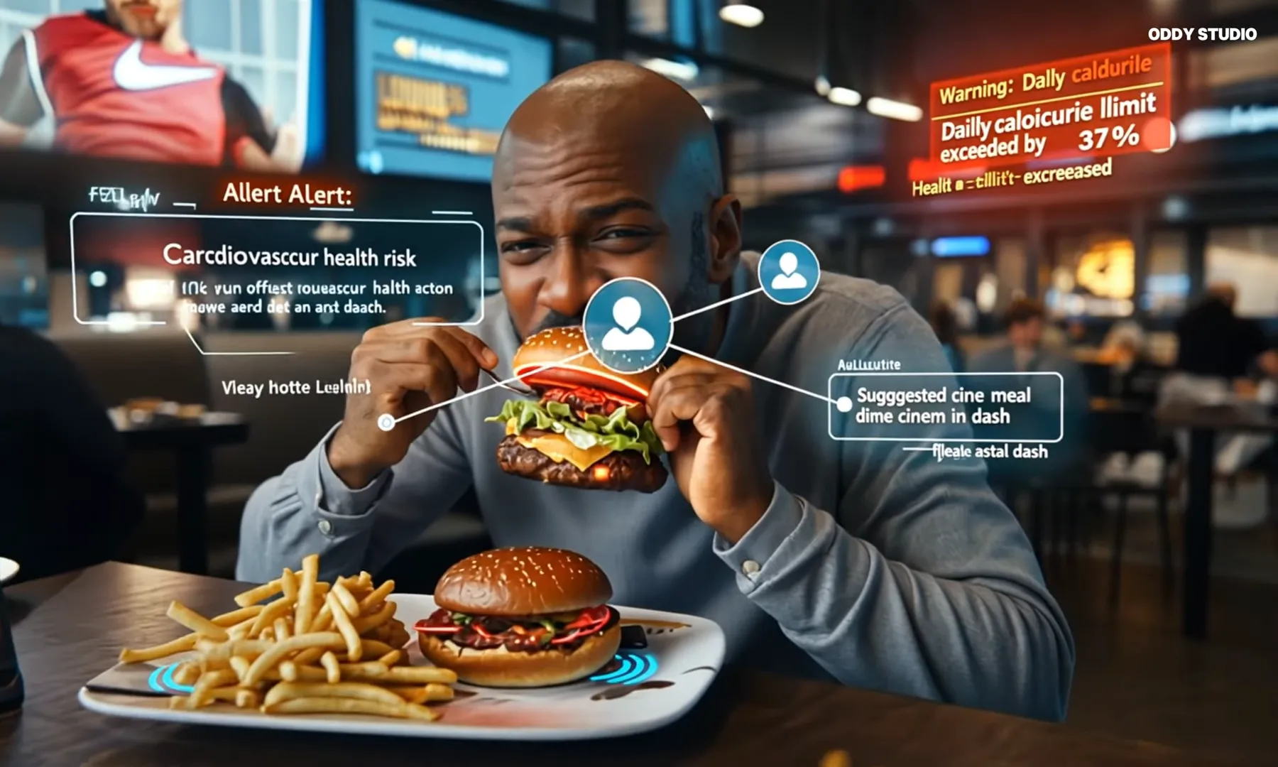 Homem comendo hambúrguer e batatas fritas em restaurante.