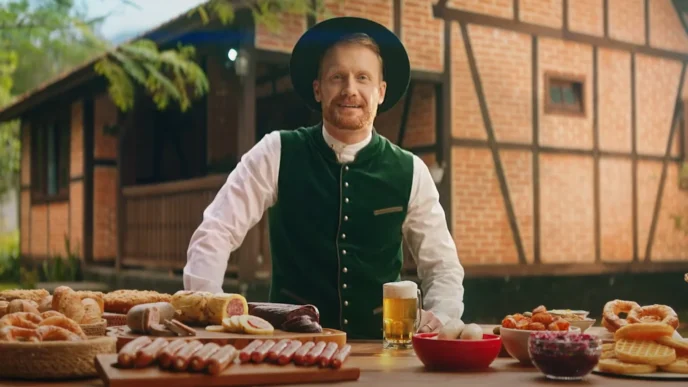 Homem com comida alemã ao ar livre