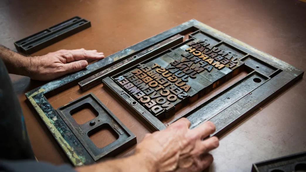 Tipografia com meses do ano em madeira.