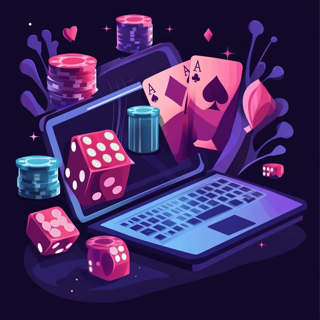 Casino online: laptop, fichas, dados, cartas de pôquer.