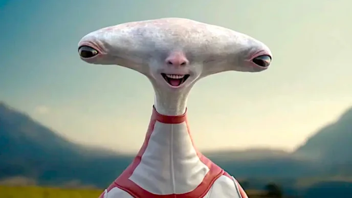 Alienígena sorridente em fundo de montanhas