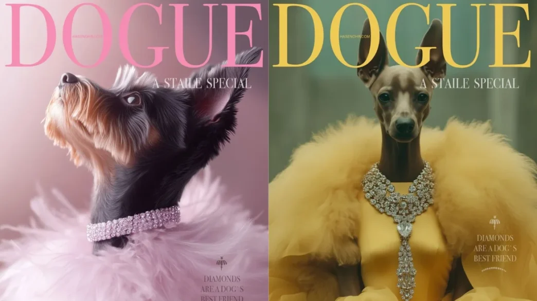 Cães elegantes com joias luxuosas na capa.