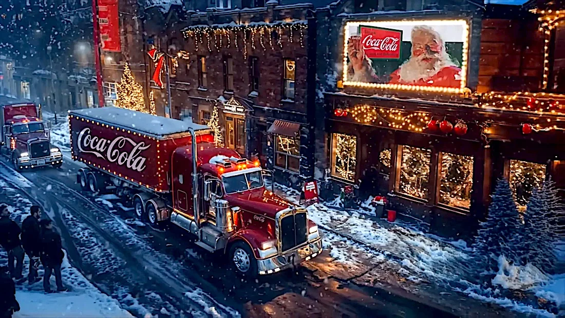 Caminhão Coca-Cola em rua nevada decorada para Natal.