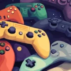 Ilustração de controles de videogame coloridos e variados.