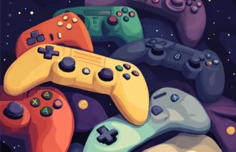 Ilustração de controles de videogame coloridos e variados.