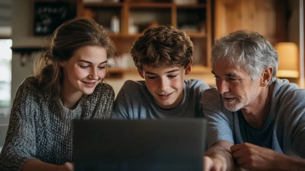 Família usando laptop na sala de estar.