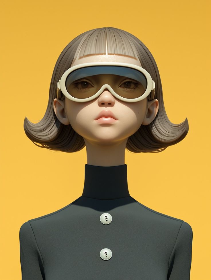 Personagem 3D futurista com óculos de sol, fundo amarelo.