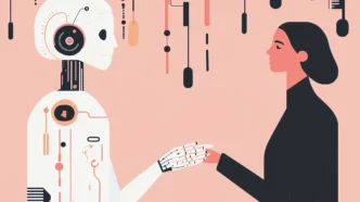 Ilustração de robô e humano se cumprimentando.