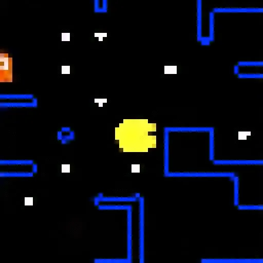 Jogo retro com labirinto e figura circular amarela.