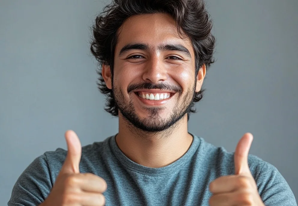 Pessoa sorridente com polegares para cima