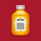 Frasco de mostarda Heinz com rótulo humorístico.