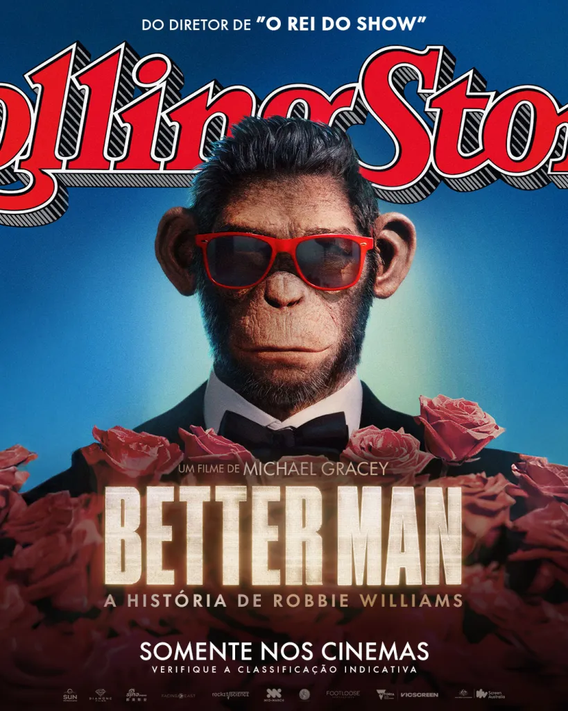 Poster do filme Better Man, chimpanzé com óculos.