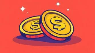 Duas moedas douradas em fundo vermelho.