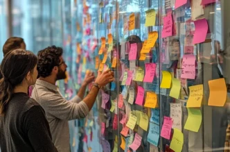 Pessoas colaborando em painel de post-its coloridos.