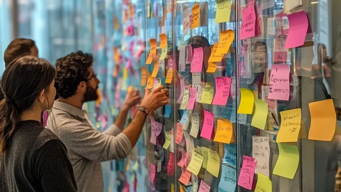 Pessoas colaborando em painel de post-its coloridos.