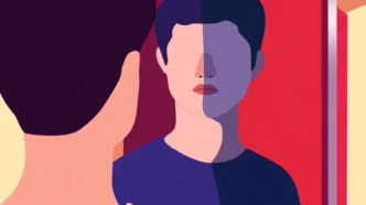 Ilustração de homem olhando no espelho colorido.
