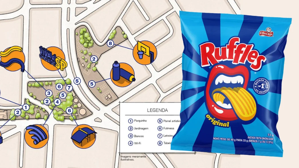 Pacote de Ruffles sobre mapa ilustrativo.