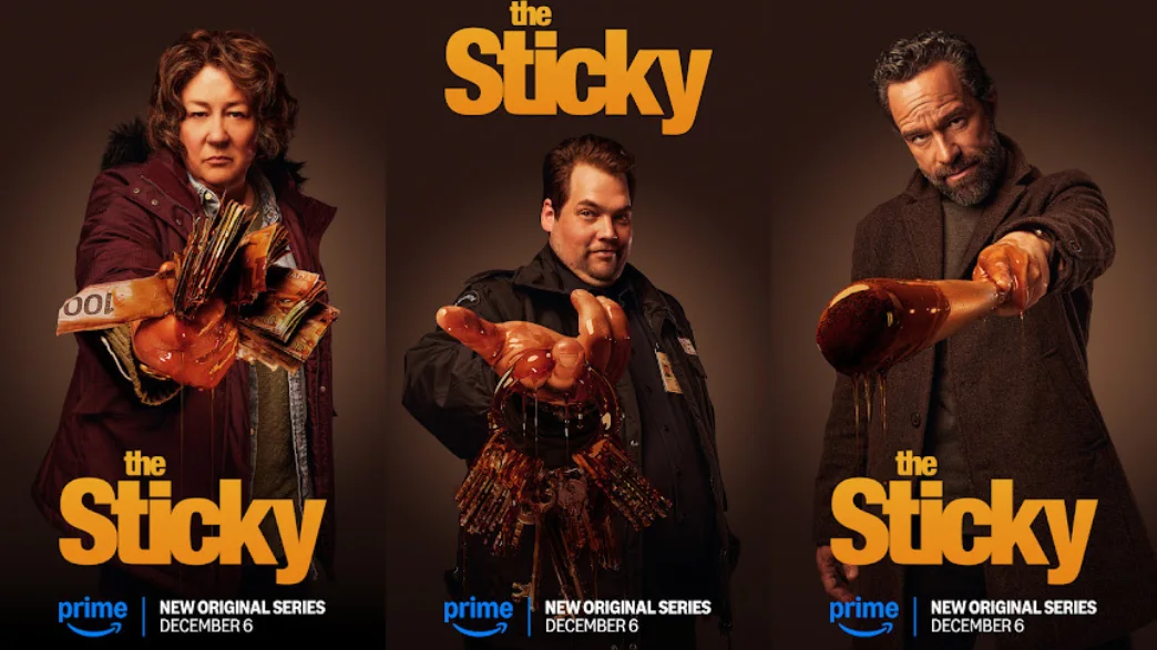 Personagens da série 'The Sticky' com mãos caramelizadas.