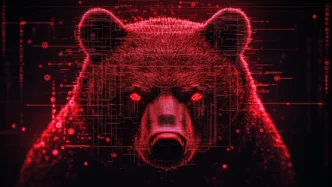 Ilustração digital de urso vermelho tecnológico.