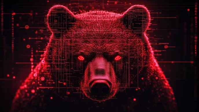 Ilustração digital de urso vermelho tecnológico.