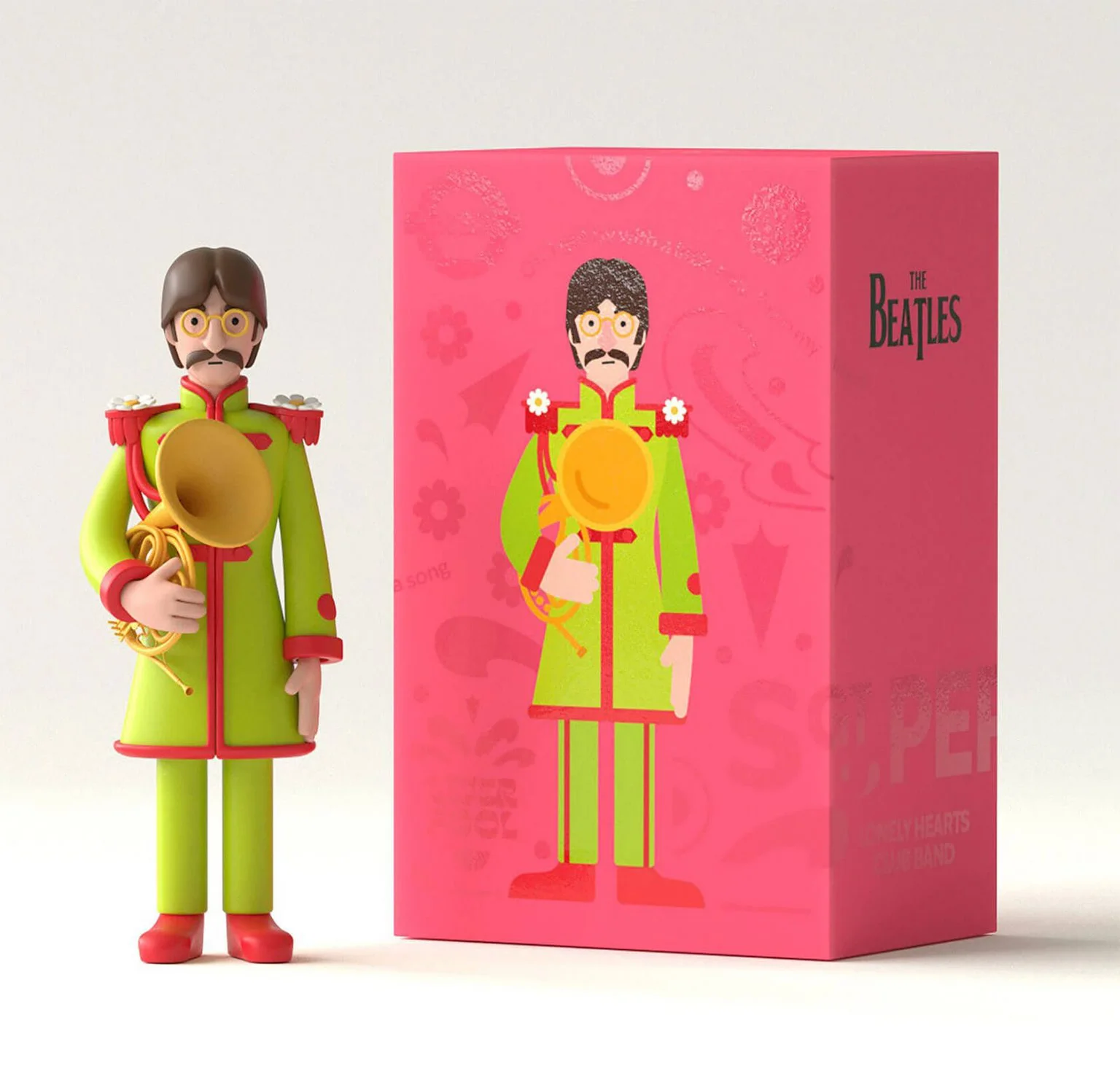 Boneco Sgt. Pepper com caixa rosa dos Beatles.