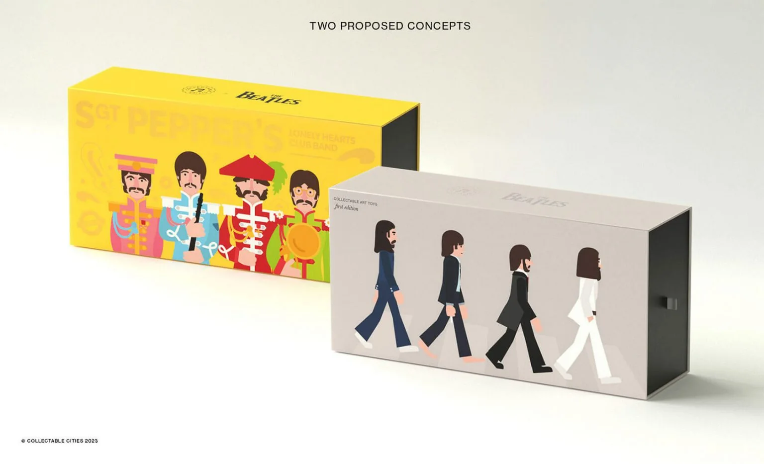 Caixas com ilustrações de álbuns da banda Beatles.