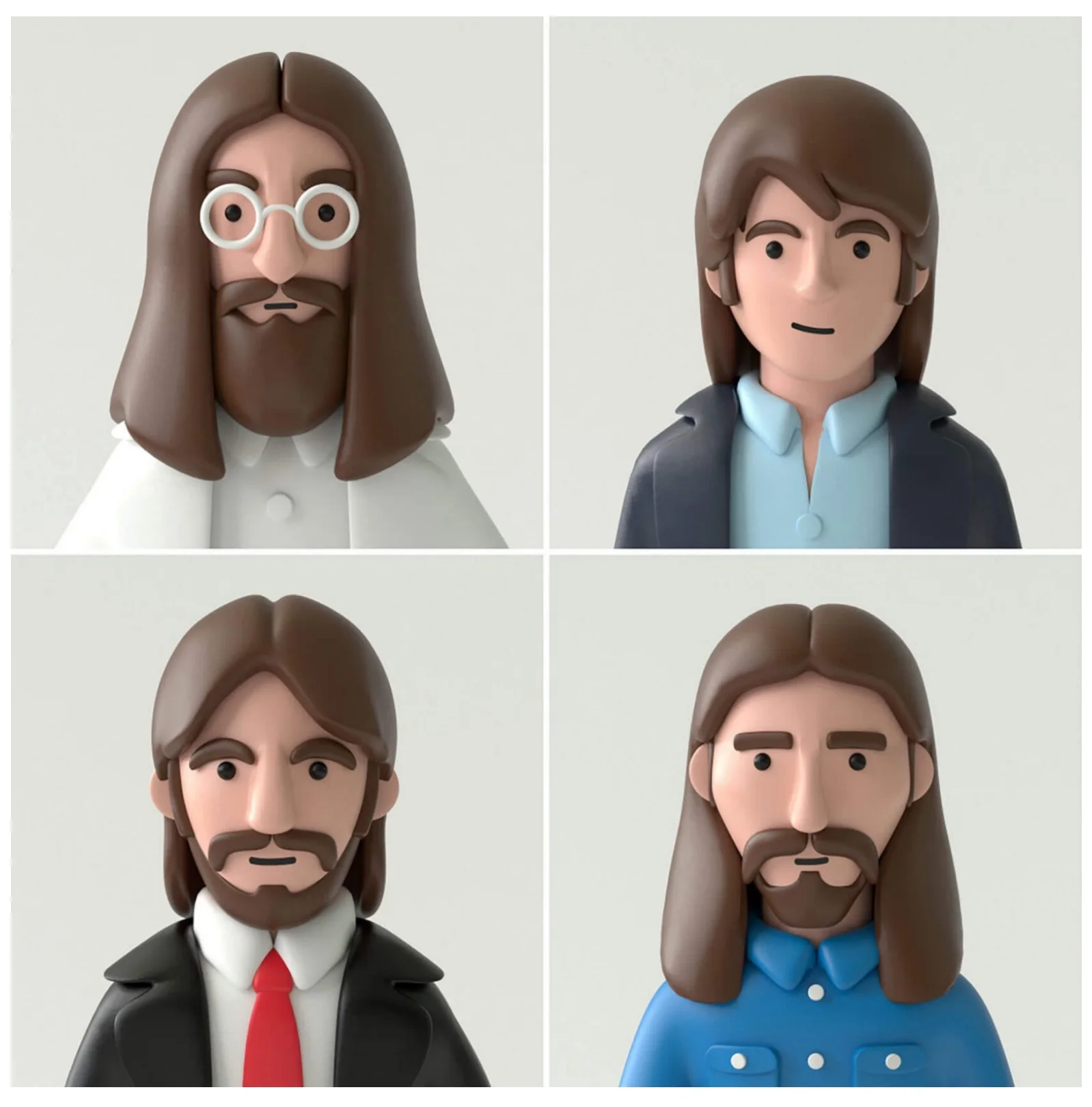 Quatro bonecos estilo Playmobil com cabelo longo.